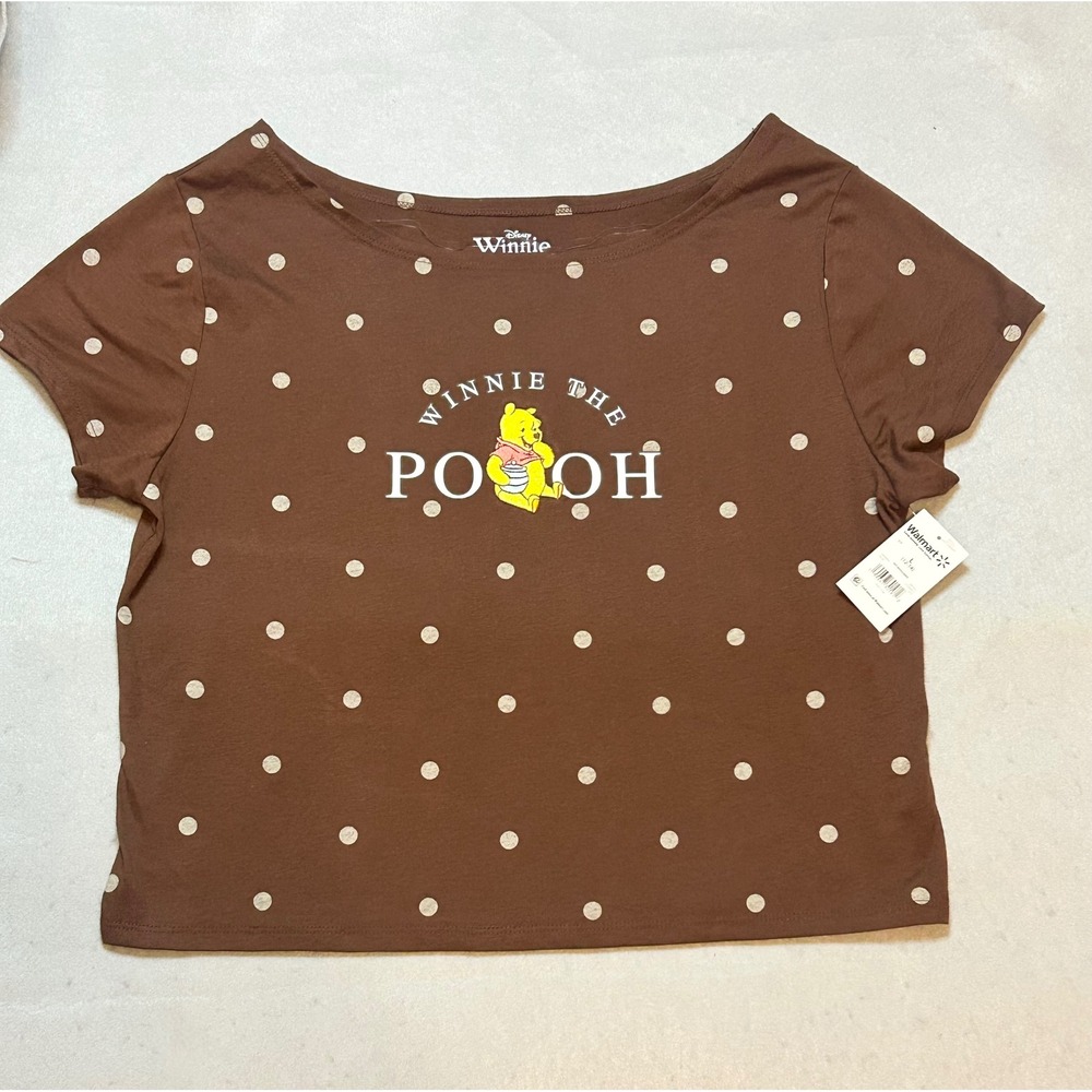 Disney Winnie the Pooh Polka Dot Graphic T-Shirt Brown Large L 12-14 New